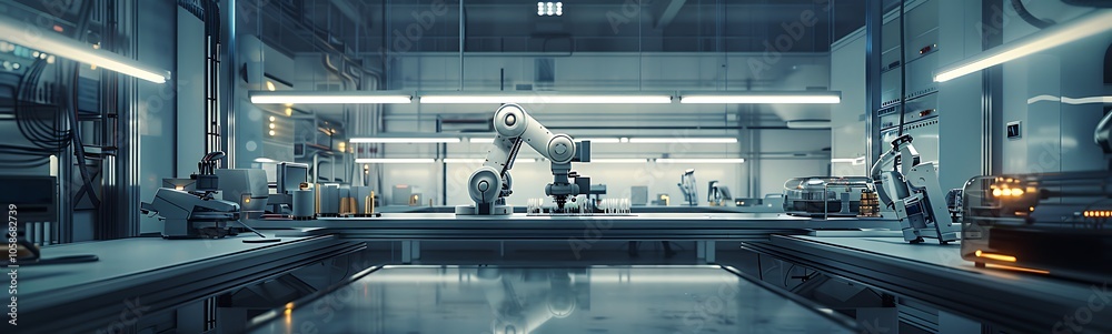Poster A futuristic robotics lab featuring advanced robotic arms and machinery, set in a sleek industrial environment.