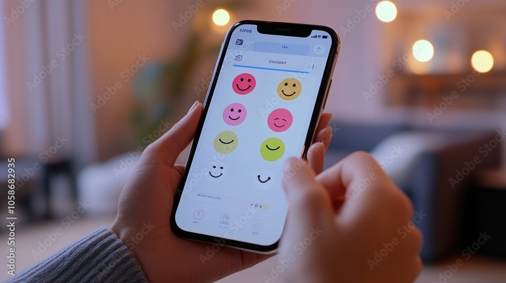 Poster Mobile screen with customer feedback options, user selecting emoticon to rate satisfaction levels.