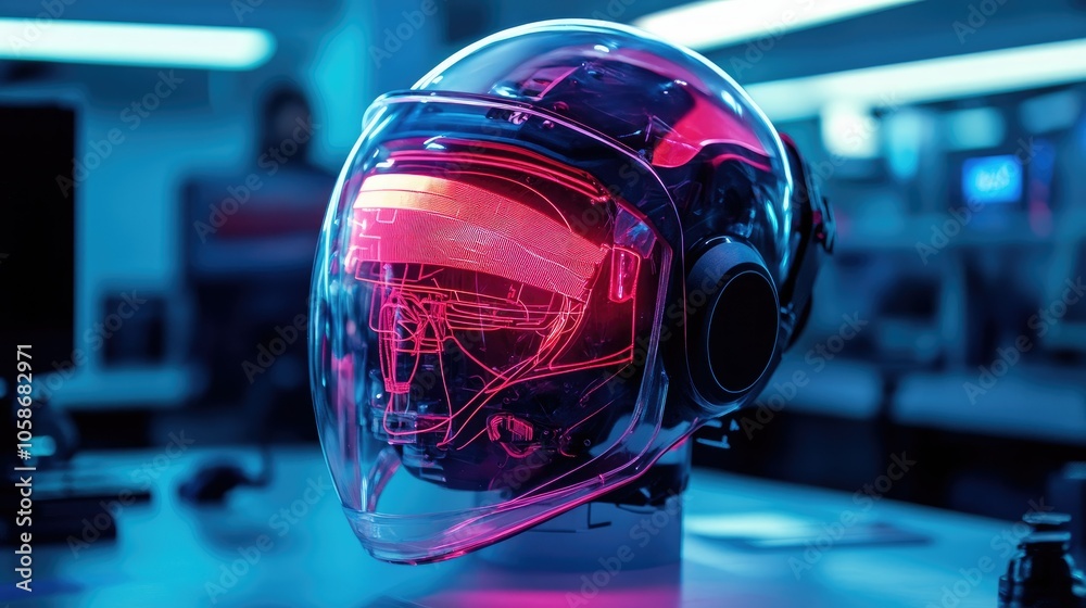 Poster neon-lit bci helmet in a high-tech lab environment, reflecting the future of mind-machine connection