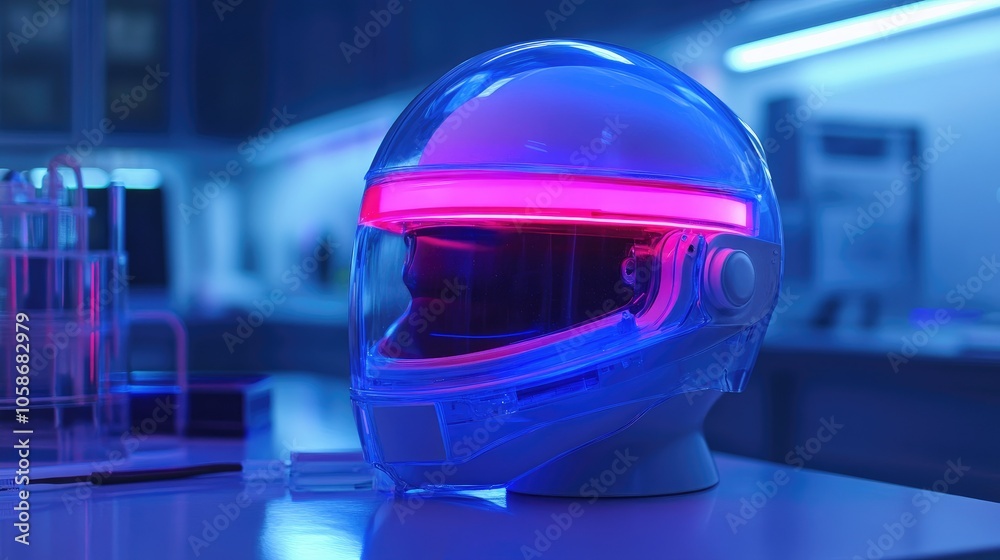 Poster neon-lit bci helmet in a high-tech lab environment, reflecting the future of mind-machine connection