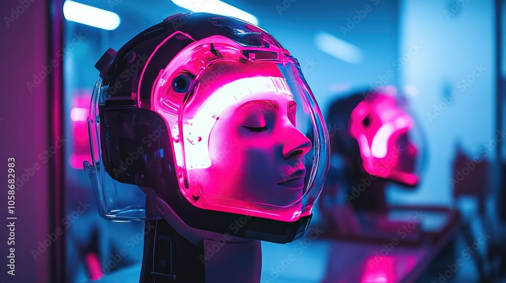 Aufkleber Neon-lit BCI helmet in a high-tech lab environment, reflecting the future of mind-machine connections.