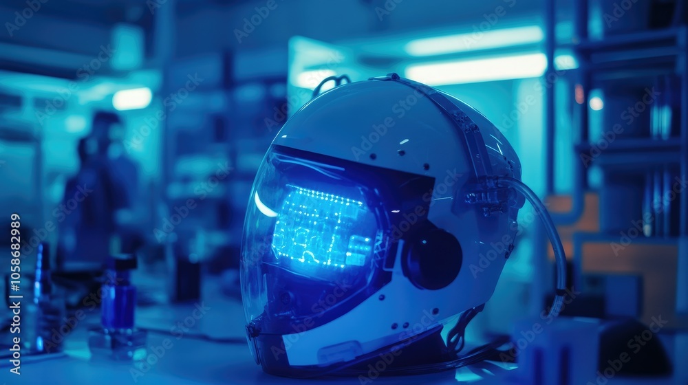 Poster neon-lit bci helmet in a high-tech lab environment, reflecting the future of mind-machine connection