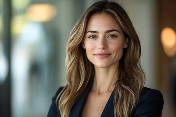 Confident Businesswoman Headshot with Warm Smile and Long Hair