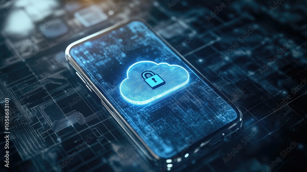 Poster Phone with lock icon and cloud symbols, emphasizing cybersecurity, data encryption, and secure networks.