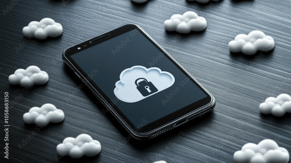 Poster Phone with lock icon and cloud symbols, emphasizing cybersecurity, data encryption, and secure networks.