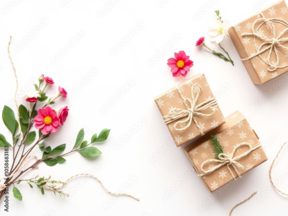 Wall mural Eco-friendly gift boxes made from craft reusable paper twine and floral decorations on a white background, zero waste concept for holidays with copy space, copy space, reusable, floral decorations