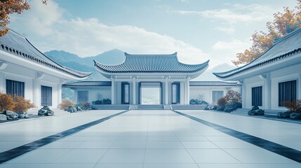 Obraz premium Traditional Chinese Architecture with Platform, Road, and Parking Area on Brick Surface for Automotive Advertisement Featuring Blank Background