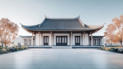 Obraz premium Traditional Chinese Architecture with Platform, Road, and Parking Area on Brick Surface for Automotive Advertisement Featuring Blank Background
