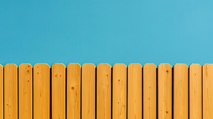 Fototapeta premium A wooden fence against a bright blue sky, showcasing clean lines and a vibrant contrast for a modern aesthetic.
