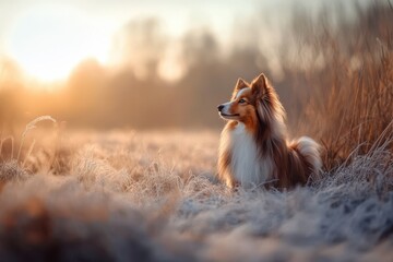 Shetland Sheepdog adult dog, agile with long, flowing coat, standing proudly, loyal and smart expression