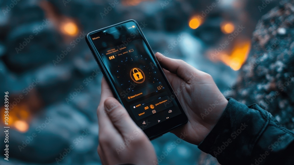 Poster User holding a smartphone with a lock icon overlay, internet security and cloud encryption theme.