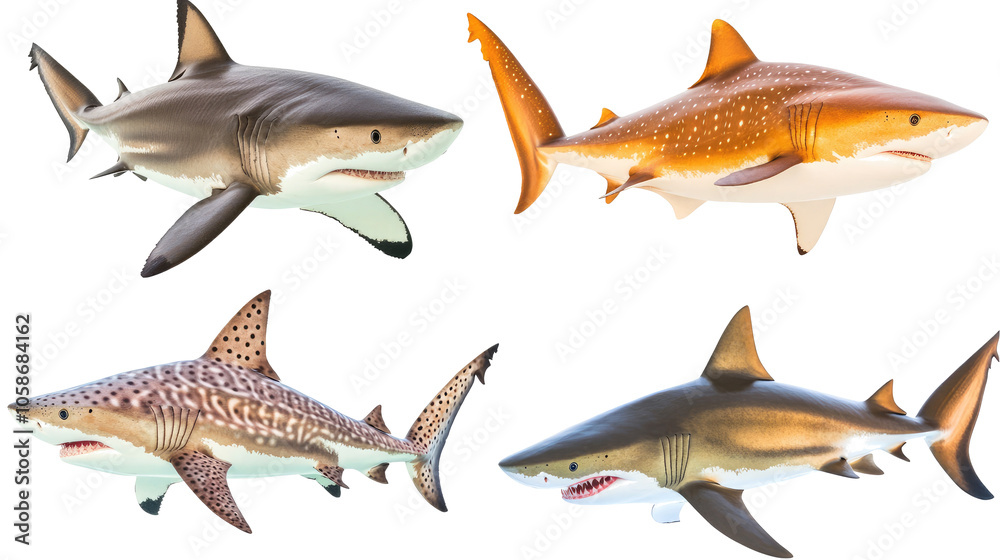 Poster set of four realistic shark models on a transparent background generative ai