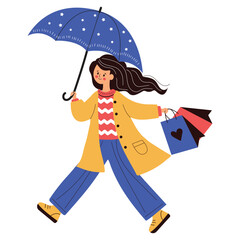 Woman with bags on the shopping. Vector cartoon illustration