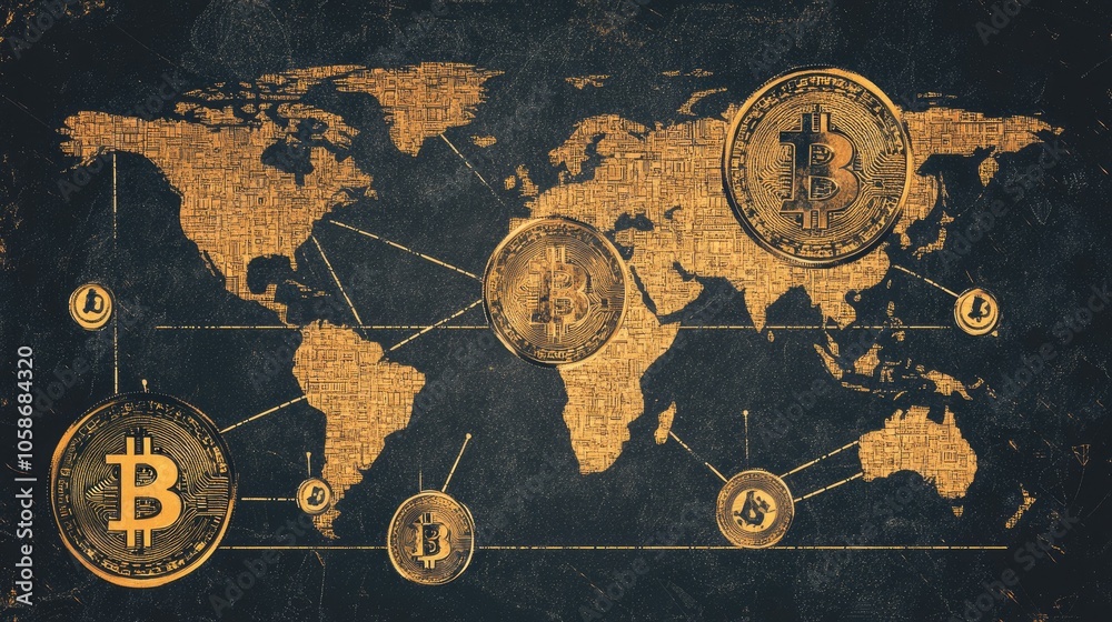 Poster world map showing cryptocurrency transactions connecting continents, symbolic of digital economy lin