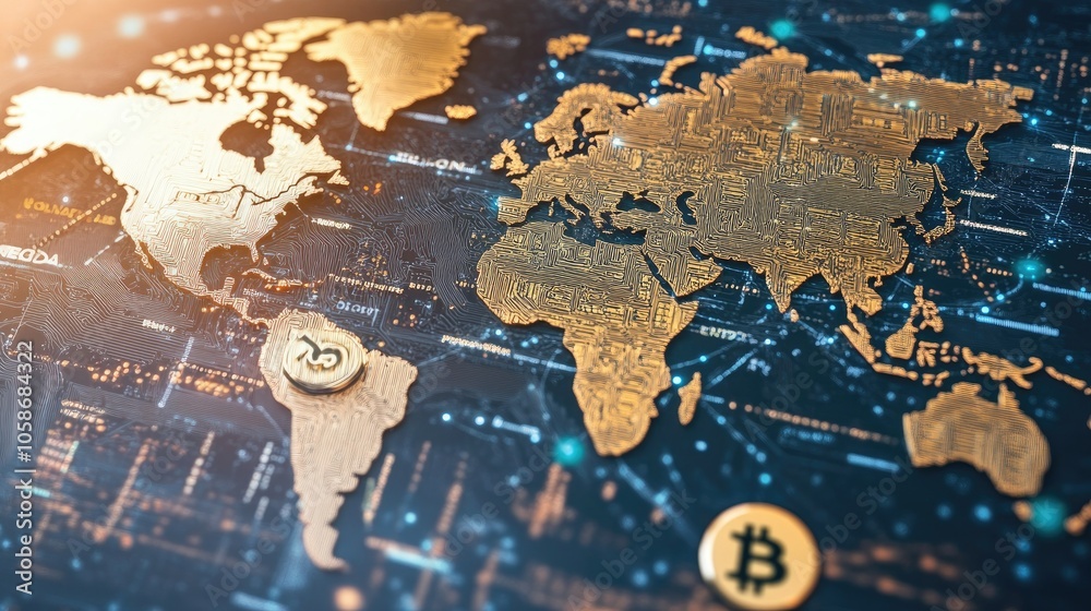 Poster world map showing cryptocurrency transactions connecting continents, symbolic of digital economy lin