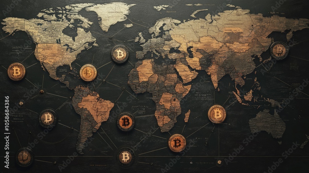 Aufkleber world map with nodes and crypto symbols linking countries, showcasing the global reach of digital cu