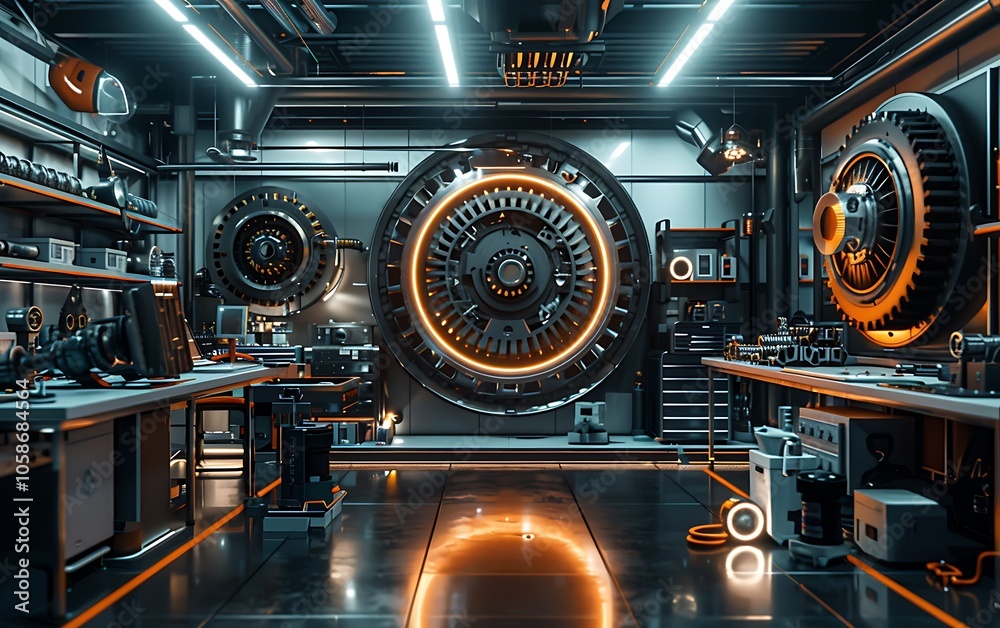 Poster a high-tech vault interior featuring illuminated gears and machinery, creating a futuristic and indu
