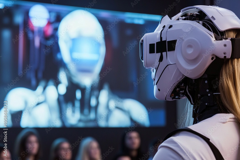 Poster A humanoid robot interacts during a tech presentation event