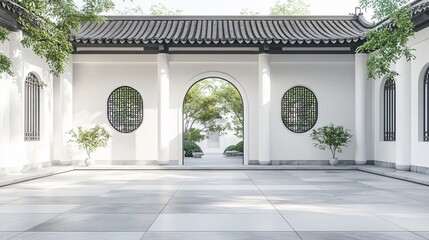 Fototapeta premium Traditional Chinese Architecture with Platform, Road, and Parking Area on Brick Surface for Automotive Advertisement Featuring Blank Background