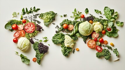 Vibrant Vegetable World Map Poster: A Colorful Arrangement of Continental Shapes with Leafy Cabbage and Juicy Tomatoes - Perfect for Sports Interiors and Eco-Friendly Decor