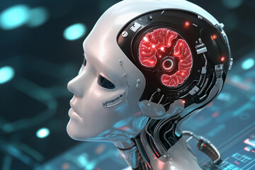 Fototapeta premium Robotic head with visible circuitry and electronic brain design