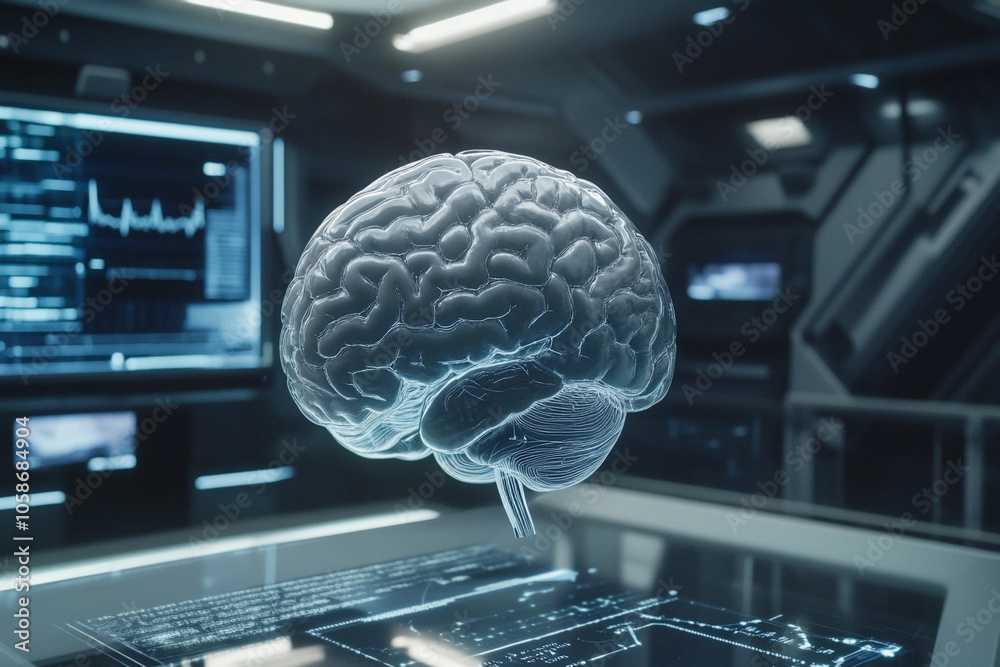 Aufkleber 3D brain visualization in a futuristic lab setting at night