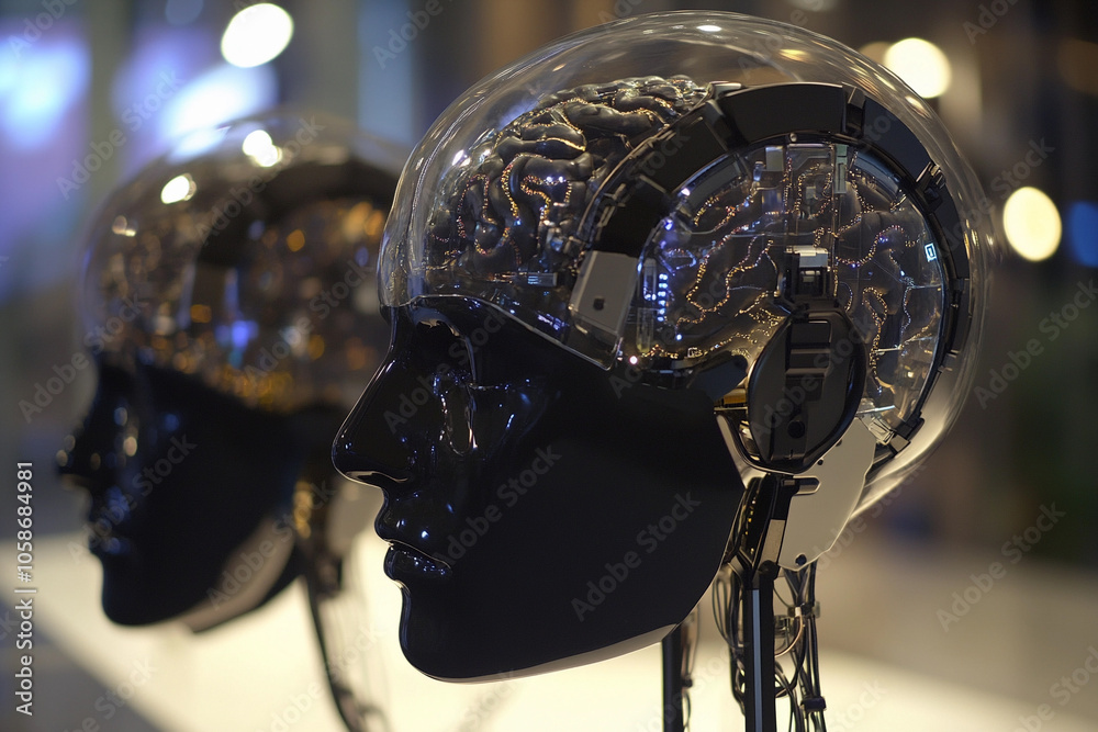 Poster Futuristic robotic heads displaying neural connections and technology