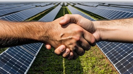 A handshake signifies collaboration in a solar farm, symbolizing partnership and commitment to renewable energy solutions.