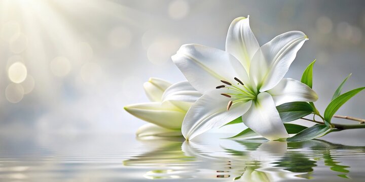 Soft focus branch of white lily flower for funeral background with reflection