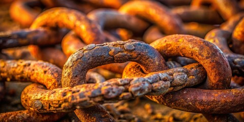 Fototapeta premium Close Up of Rusty Chain: Detailed Macro Photography of Weathered Metal, Industrial Aesthetics, Textured Background, Vintage Charm, Urban Environment, and Nature Interaction