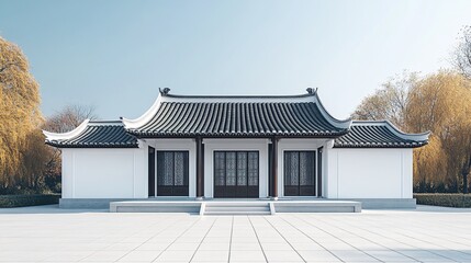Fototapeta premium Traditional Chinese Architecture with Platform, Road, and Parking Area on Brick Surface for Automotive Advertisement Featuring Blank Background