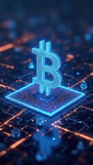 Bitcoin, made in the form of a glowing hologram of blue color, mounted on a square platform. The platform is located on a background resembling a printed circuit board with various electronic componen