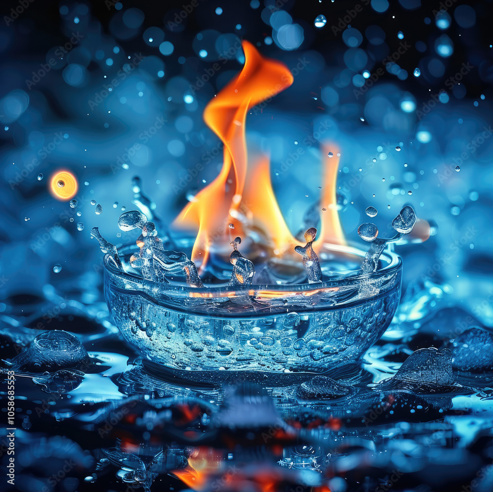 Poster a flame on top and blue ice below. it is a picture of ice and fire. the flame has a jumping feeling 