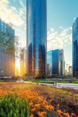 Fototapeta premium Modern Cityscape Glass Skyscrapers at Sunset with Vibrant Flowerbeds in Foreground, Urban Oasis