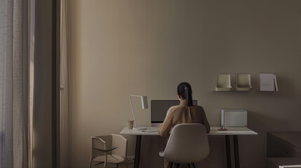Woman working remotely, at home at computer
