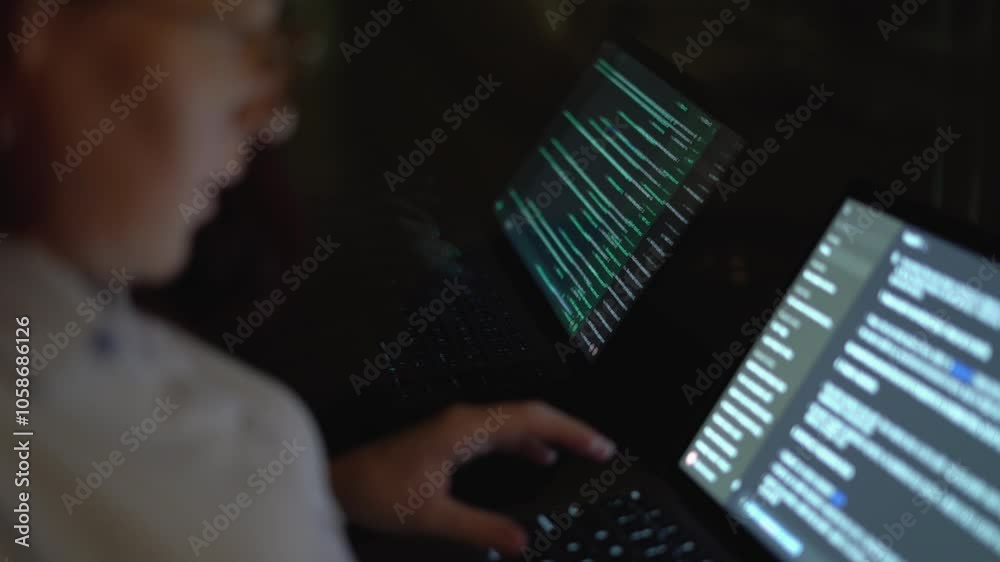 Leinwandbilder A dedicated and focused programmer deeply engrossed in coding while working on multiple screens, all within a softly dimly lit environment that enhances concentration and creativity