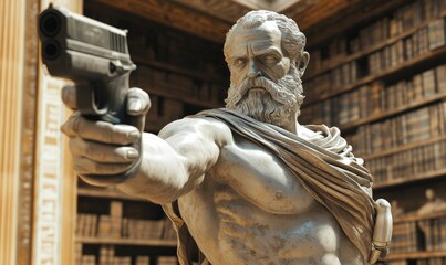 Fototapeta premium A statue holding a gun in front of bookshelves.