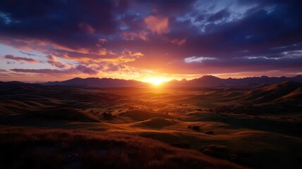Mesmerizing vast landscape under a golden sunset, capturing serene beauty and tranquility in nature's embrace.