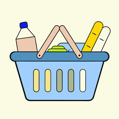 Grocery shopping cart on white. Full supermarket food basket vector illustration, shop cart with groceries goods isolated clipart