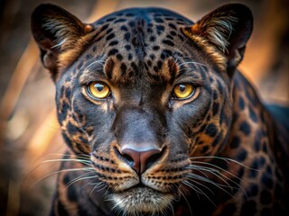 Obraz premium Close-up tilt-shift photography showcases a panther's vibrant eyes and glossy fur, beautifully capturing the essence of wildlife from a unique perspective for nature lovers.