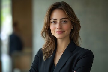 Naklejka premium Confident Businesswoman in Black Blazer with Warm Smile, Headshot