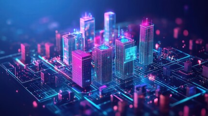 Obraz premium A futuristic city skyline with neon lights and glowing buildings connected by intricate circuit boards representing digital technology and modern urban development.