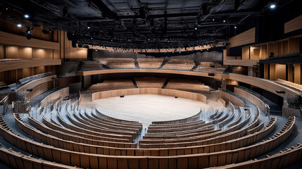 Modern empty theater auditorium with curved seating arrangement and wooden interior design, featuring multiple tiers, stage area, and advanced stage lighting setup.