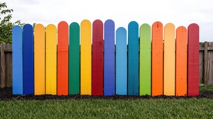 Fototapeta premium Colorful fence panels in vibrant shades, enhancing the aesthetic of the outdoor space, set against a green lawn and cloudy sky.