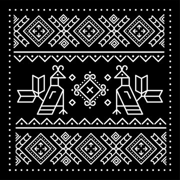 Slovak traditional folk art vector square geometric pattern with birds inspired by traditional painted art from village Cicmany in Zilina region, Slovakia. Non-AI generated
	