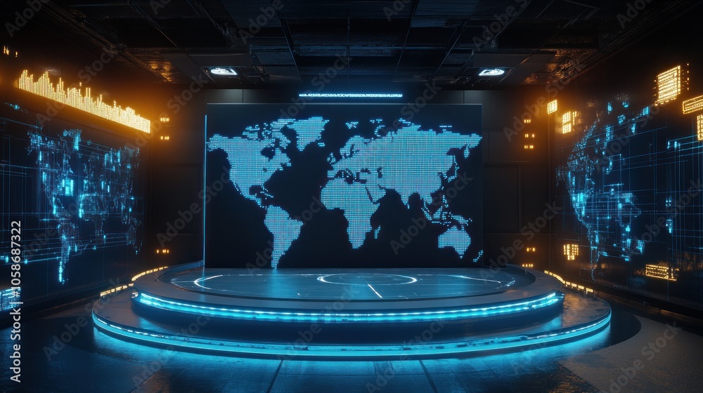 Canvas Prints a futuristic, sci-fi room with a world map projected on a large screen, surrounded by screens with d