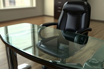 Modern Office Desk with Glass Top and Black Leather Chair