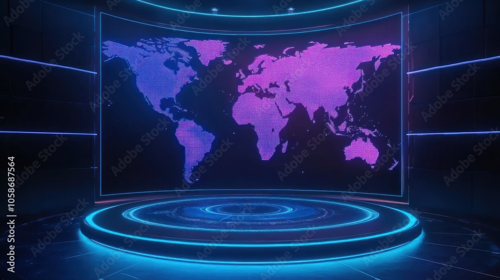 Poster futuristic studio with a glowing world map on a large screen.