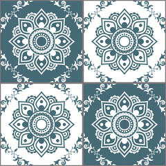 Floral mandala tiles vector seamless pattern inspired by tattoo Mehndi art from India. Non-AI generated
