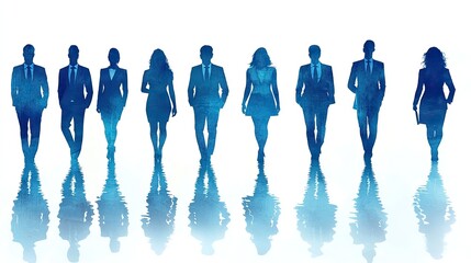 Blue silhouettes of businesspeople standing in row, set against white background for corporate design